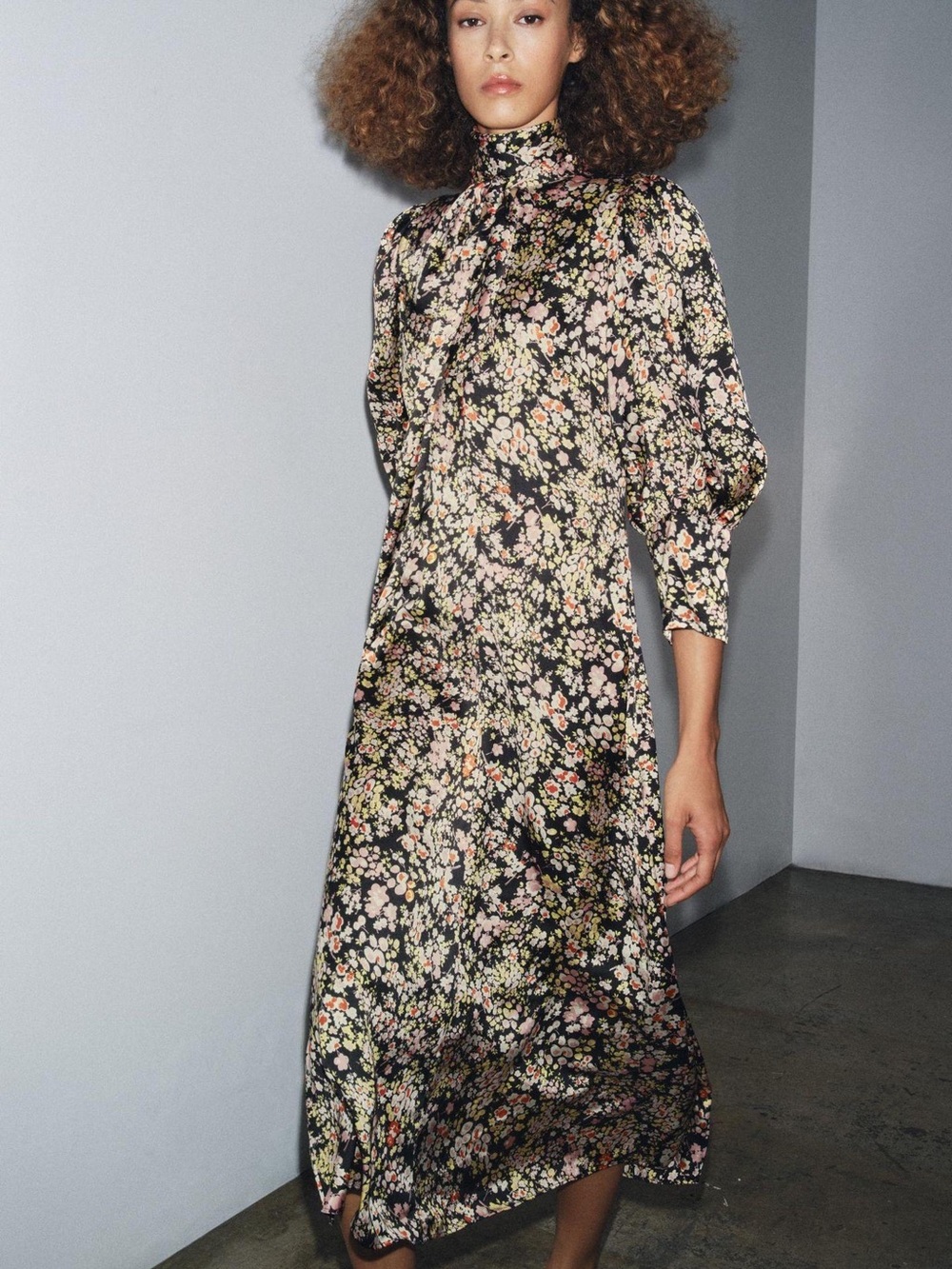 Zara Floral High-Neck (with a scarf/bow tie) Midi Dress (Size L fits like S/M)